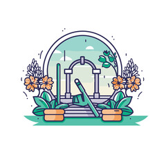 Vector of a flat icon vector of a flower garden with a clock in the background