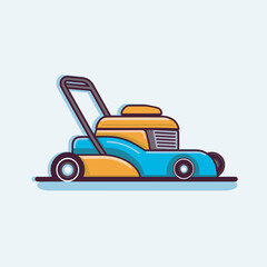 Vector of a flat icon of a blue and orange lawn mower on a white background