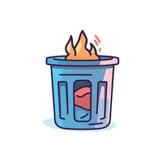 Vector of a flat icon vector of a blue trash can with a flame coming out of it