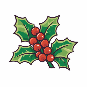 Vector of a flat icon of a holly berry with green leaves and red berries