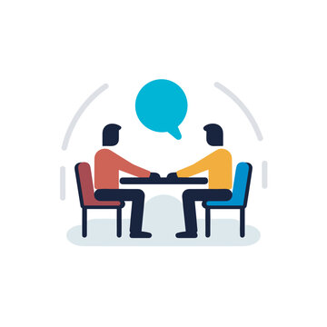 Vector Of Two People Having A Conversation At A Table With A Speech Bubble Icon. (10 Words