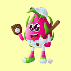Cute dragon fruit character playing baseball