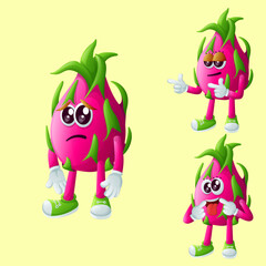 Cute dragon fruit characters with different facial expressions