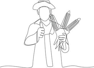 Man harvesting corn drawing by simple continuous line. farmer minimalist concept. vector animation, vector, single line.