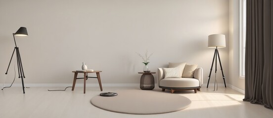 A 3D product background featuring a large, blank, beige wall, a cushion armchair, a round black coffee table on a shag rug, and a tripod lamp in the sunlight. Generative AI