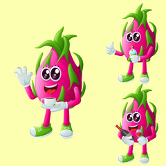 Cute dragon fruit characters enjoying beverages