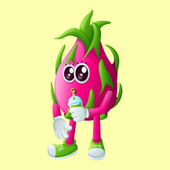 Cute dragon fruit character drinking a green smoothie with a straw