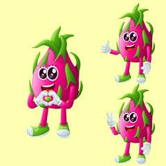 Cute dragon fruit characters making playful hand signs