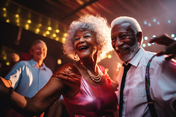 Cheerful african american couple dancing in nightclub.