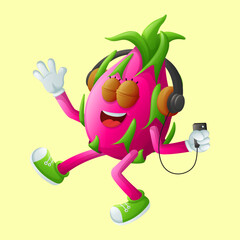 Cute dragon fruit character listening to music