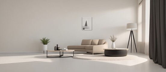 A 3D product background featuring a large, blank, beige wall, a cushion armchair, a round black coffee table on a shag rug, and a tripod lamp in the sunlight. Generative AI