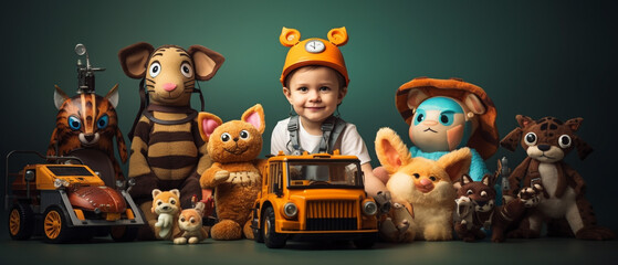 Various colorful kid toys background