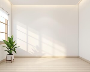Empty room decorated with white wall and wood floor, indoor plant. 3d rendering
