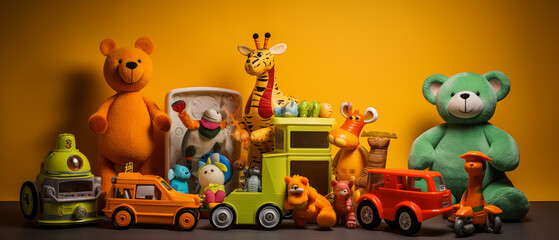 Various colorful kid toys background