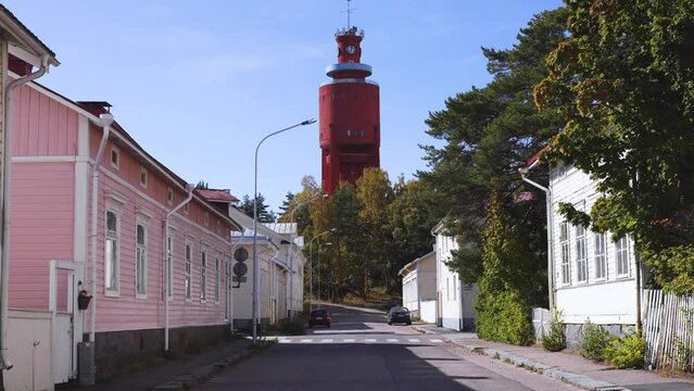 View of Hanko town coast, Hango, Finland, with beach and coastal waterfront, wooden houses and beach changing cabins, Uusimaa, Hanko Peninsula, Raseborg sub-region, summer sunny day 