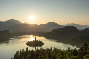 sunrise over lake in Bled
