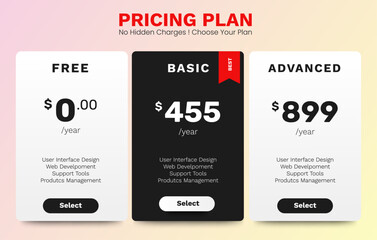 Pricing plan table with black and white color design. vector