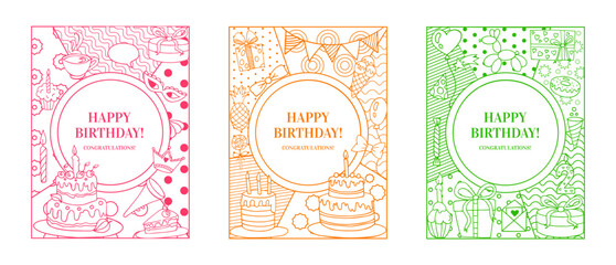 Happy birthday greeting card. Celebration sweet cake and presents. Holiday dessert. Line art. Anniversary congratulations. Flags or balloons. Invitation design. Festive banners vector set