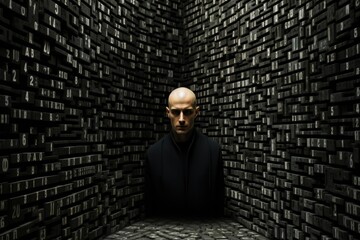 A bald man standing in front of a wall of numbers. Generative AI.