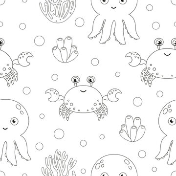 black and white seamless pattern with sea animals