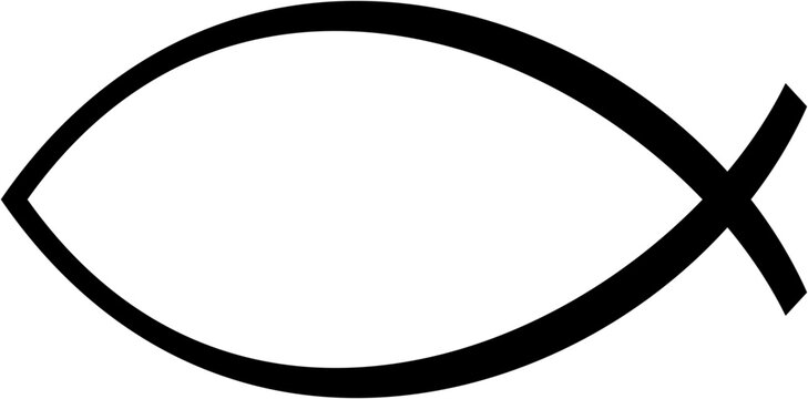 Sign of the fish, a symbol of Christian art, also known as Jesus fish. Symbol consisting of two intersecting arcs. Also called ichthys or ichthus, the Greek word for fish. Black illustration. Vector.