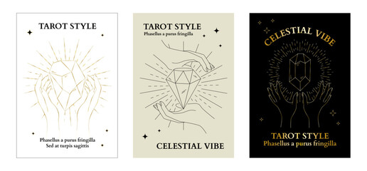 Tarot style banners. Boho line art. Shiny gemstone in arms. Hands holding precious gems. Brilliant crystals. Celestial stars. Magic and alchemy. Spiritual diamond. Vector cards design set