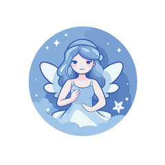 Vector of a girl in a blue dress with angel wings in a flat icon style