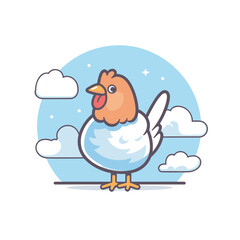 Vector of a chicken standing on a cloud filled sky