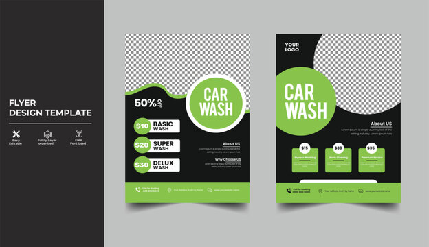  Car Cleaning Service Flyer Design, Vector layout design with car wash poster template design