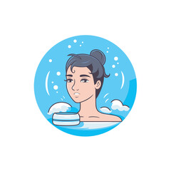 Vector of a woman relaxing in a bubble bath with a bun hairstyle