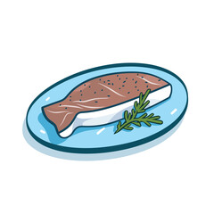 Vector of a piece of meat on a plate with a sprig of parsley