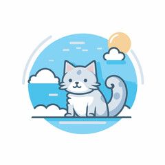 Vector of a gray cat sitting on top of a cloud filled sky