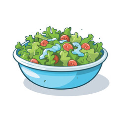 Vector of a flat icon vector of a blue bowl filled with lettuce and tomatoes