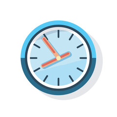 Vector of a blue and white clock icon with red hands in a flat design