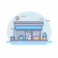Vector of Storefront with Cat Sitting Outside: Vector Illustration of a Charming Feline by a Shop Entrance