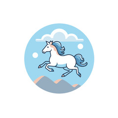 Vector of a white horse with a blue mane running in a flat icon style