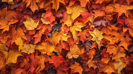 Top view of red, orange, and yellow leaves background, fallen leaves in autumn.Generative ai.