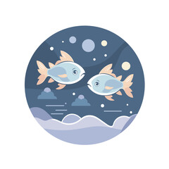 Vector of two fish swimming in the dark ocean at nigh
