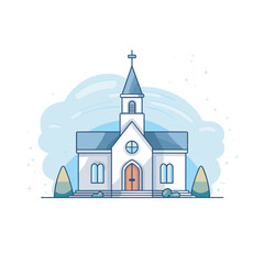 Vector of a church with a steeple and trees in a flat icon style - obrazy, fototapety, plakaty