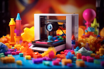 Artistic image of 3D printing process against a colorful backdrop - obrazy, fototapety, plakaty