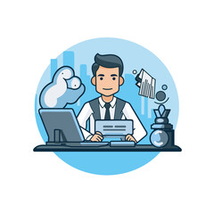 Vector of a man working at a desk with a laptop in a flat icon style