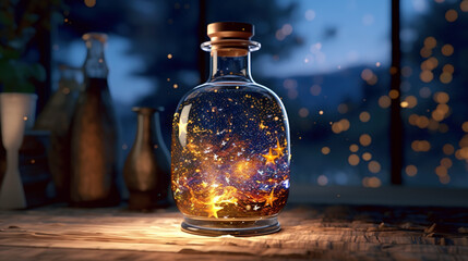 magic  in a glass bottle , decorative bottle , shine in bottle , generative ai