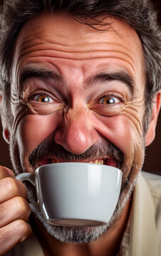 A funny middle aged man man with excited looking  drinks a coffee