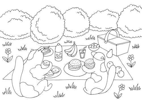 Cats on a picnic graphic black white landscape sketch illustration vector