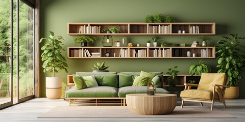Obraz na płótnie Canvas Interior mockup green wall with green sofa and decor in living room with book shalf A Green Haven: Transforming Your Living Room with a Green Wall and Sofa AI Generated 