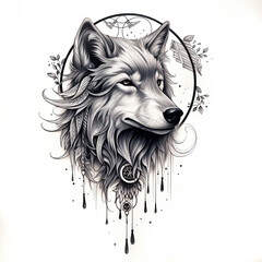 A drawing of a wolf with a dream catcher. Generative AI.