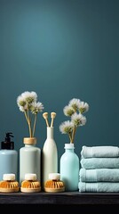 Ceramic soap shampoo bottles and cotton towels on green wall background. Spa concept. AI generated