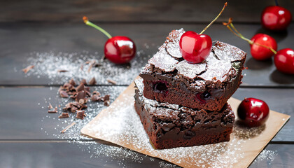 Chocolate brownies with powdered sugar and cherries on a dark wooden background. Selective focus.
