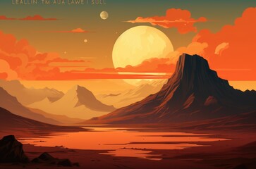 A sunset scene with a mountain and a lake in the foreground. Generative AI.