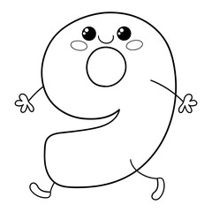 Illustration in black and white of number nine in Kawaii style walking smiling, coloring page, clipart